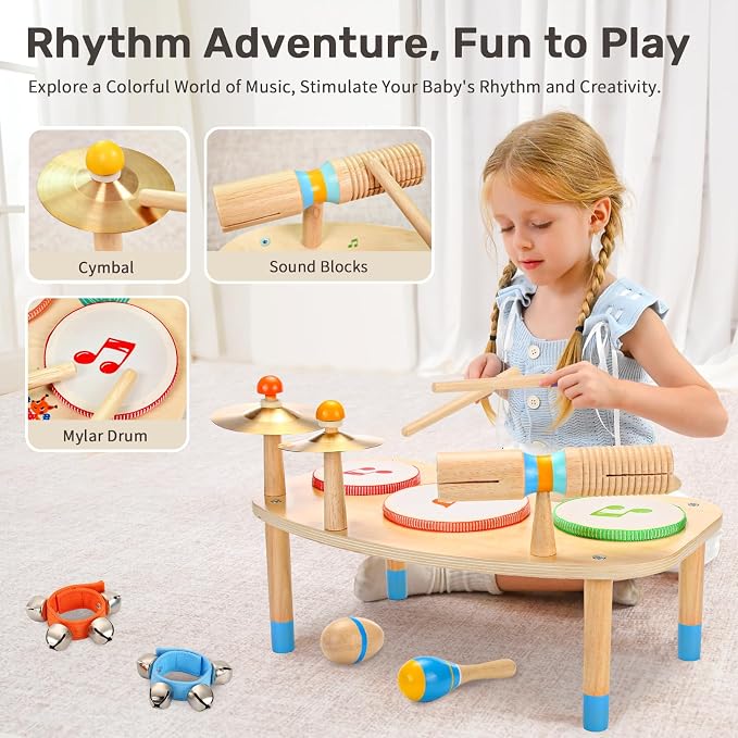 WINGYZ 11-in-1 Toddler Drum Set-Low Noise Wooden Baby Musical Instruments for Toddlers 1-3 & Montessori Musical Toys,Music Table with Bongo Drums, Cymbals, Maracas & Wrist Bells for Early Rhythm Play