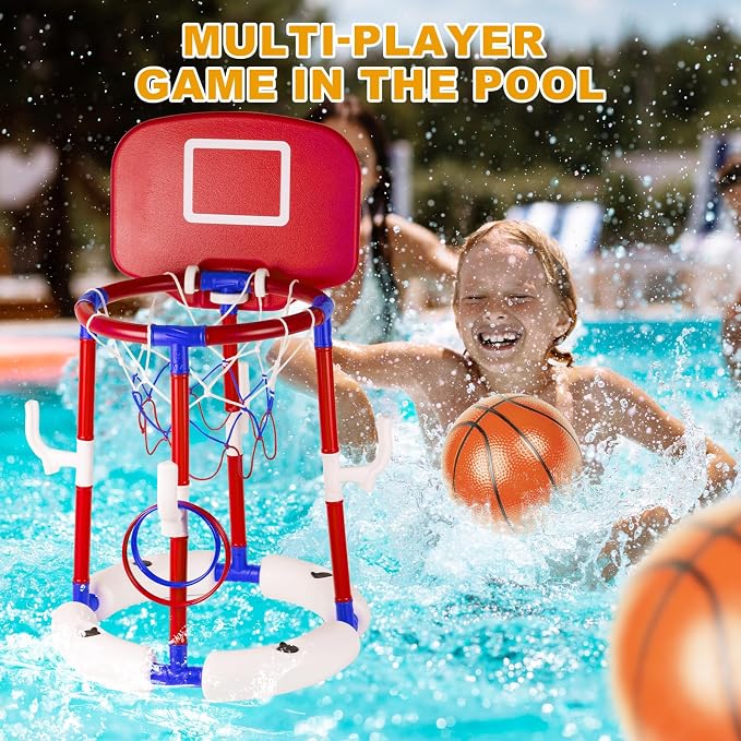 Taotuo Red Floating Pool Basketball Hoop with Backboard, 2-in-1 Poor Toy Basketball & Ring Toss Game with 4 Balls, 6 Rings&Pump, Summer Pool Toys Indoor&Outdoor Water Fun Family Party for Age 3-12