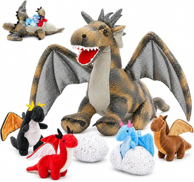 7Pcs Gray Dragon Plush Toy Set, Mother Flying Dinosaur Stuffed Animal with 4 Baby Dragon & 2 Eggs Inside, Dinosaur Stuffed Toy for Kids, Christmas Birthday Children's Day Gift for Boys Girls
