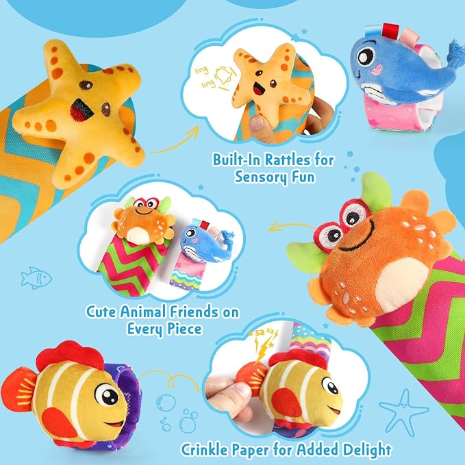 URMYWO Wrist Rattles for Baby - Rattle Socks - Foot Finder Set - Baby Toys for 0-12 Months Infant - Newborn Essentials - Early Learning Sensery Toys for Boy Girl as Shower Gifts