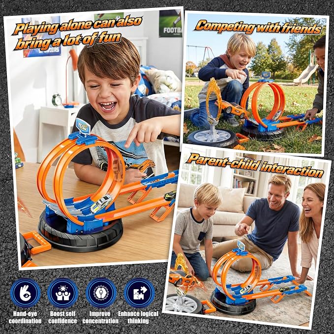 Topfresh 2026 Race Car Track Set Toy for Kids, Stunt Racing Playset with 360°Loop Car Track with Four 1:64 Scale Vehicles Gift Toys for Boys Girls Ages 3 4 5 6 7 8 (Upgrade)