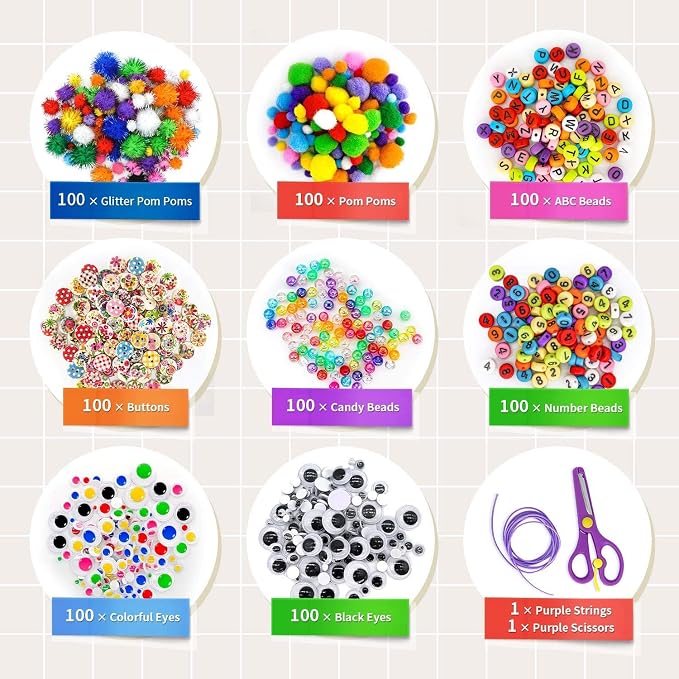 kortes Art and Craft Supplies for Boys and Girls, Toddler DIY Craft Art Supply Set Included Pipe Cleaners, Pom Poms, Feather, Folding Storage Box - All in One for Craft DIY Art Supplies(Green Box)