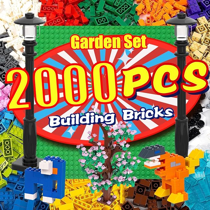 2000 Pieces Building Bricks, Building Bulks Blocks with 1 Packs 24x24 Studs Sticky Plates,400PCS Flowers and Tree/Grassland, Creative Toy Blocks Compatible with All Major Brands 14 Shape/18 Color
