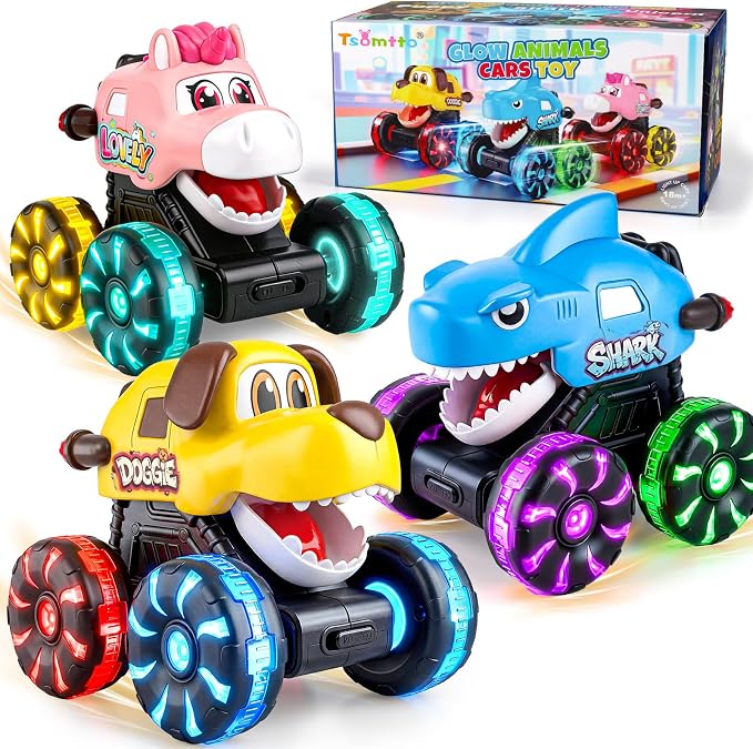 Tsomtto Press and Go Cars Monster Truck Toys Animal Cars for Toddlers, Press and Go Cars Toys for 2 3 Year Old Boys Girls Gift, Light Up Animal Cars for 2 3 Two Year Old Birthday