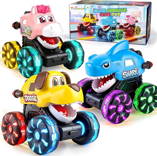 Tsomtto Press and Go Cars Monster Truck Toys Animal Cars for Toddlers, Press and Go Cars Toys for 2 3 Year Old Boys Girls Gift, Light Up Animal Cars for 2 3 Two Year Old Birthday
