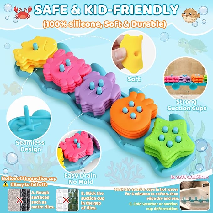 Bath Toys for Kids Ages 1-3 Mold Free Bath Toys Toddlers 2-4 Silicone 21 PCS Ocean Shape Sorters for Toddlers 1-3 Stacking Bathtub Suction Water Play Toys for Toddlers 3-5 Girl Boy Early Learning