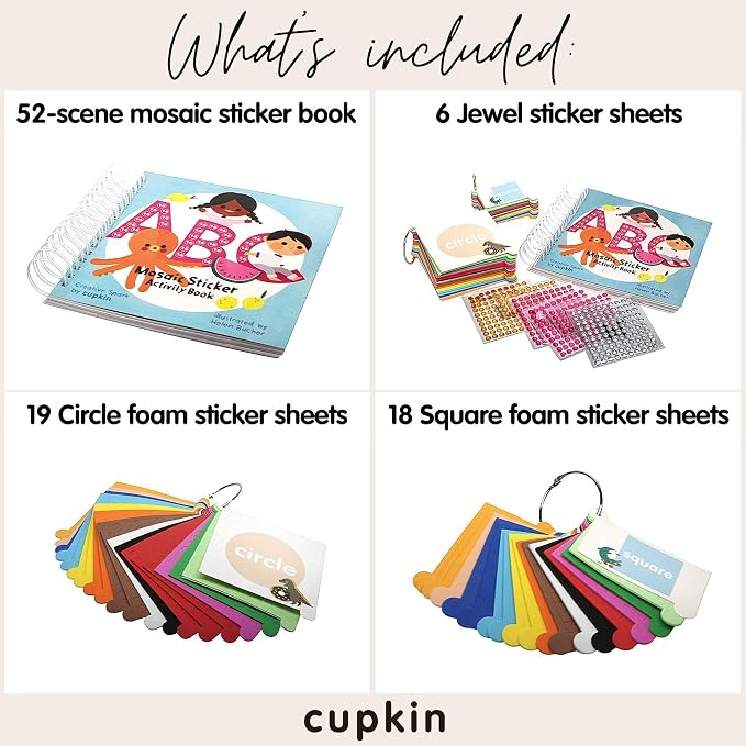 Mosaic Sticker Art 3000+ Kids Craft Kit by Cupkin, Fun Sticker by Number Activity Book, Road Trip Essentials, 52 Pages with Jewel & Foam Stickers, ABC Mosaics Art Craft Kit for Boys & Girls