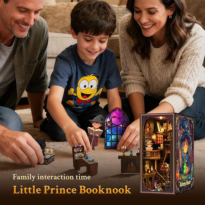 Book Nook Kit-DIY Miniature Dollhouse Booknook Kit, 3D Wooden Puzzle Bookend Bookshelf with LED Light for Adults, Teens 14+, Gifts for Family, Friends(Little Prince of Magic)