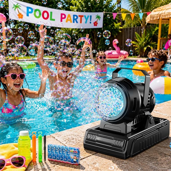 SHCKE Automatic Bubble Machine 10 Holes Bubble Blower,45° Adjustable | USB-C/AA Dual Power,Top-Fill No-Leak Design,Portable for Parties, Pool,Camping & Weddings,Ideal for Kids & Adults