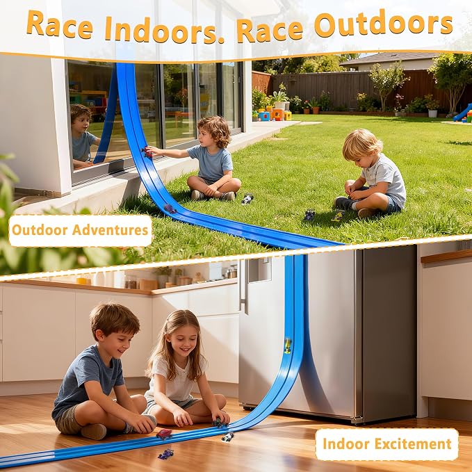 Portable DIY 16ft Flexible Race Track with Roll-Up Storage Compatible with 1/64 Diecast Cars Ages 3+（Includes 6 Racing Cars）