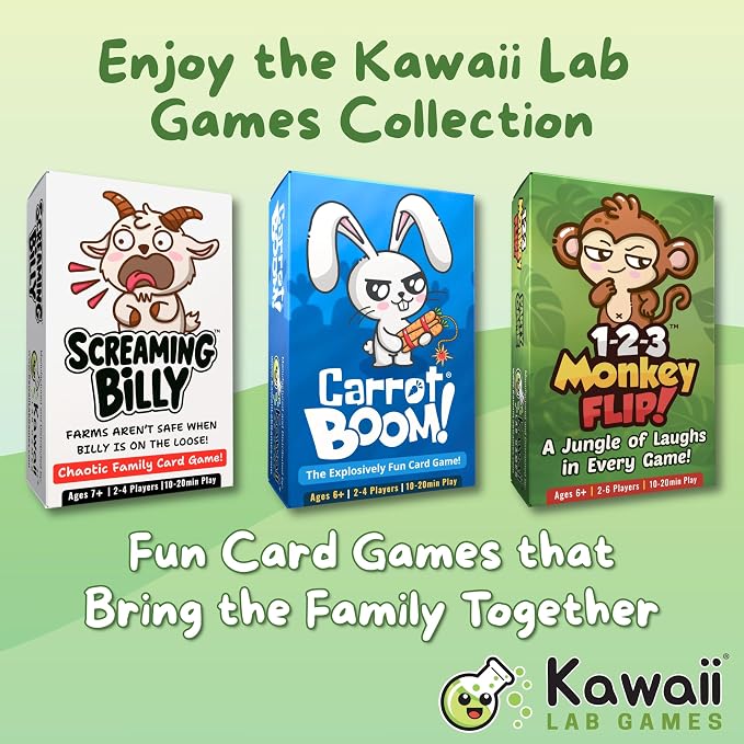 KAWAII LAB GAMES 1-2-3 Monkey Flip Family Card Game for Kids, Teens & Adults | Quick & Easy Party Card Game for Game Night | Fast Slap-and-Reaction Gameplay | Ages 6+ | 2-6 Players | 10-20 Min