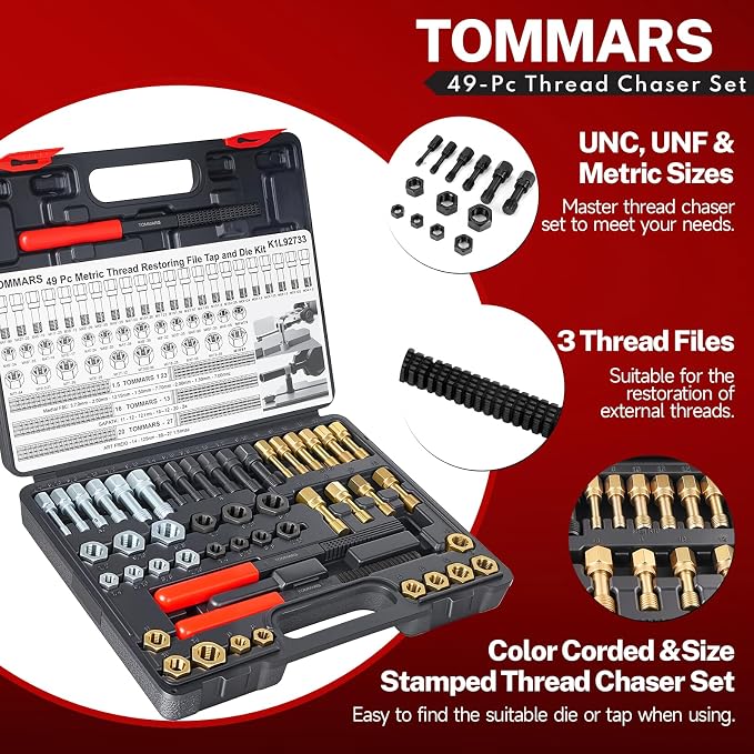 TOMMARS 49-Piece Thread Chaser Set Repair Kit, UNC UNF & Metric with Taps, Dies, and Thread Files for Rethreading and Restoration