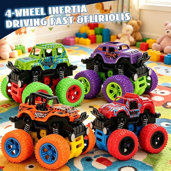 Monster Truck for Boys 3 4 5 6 7 Year Old,4 Pack Push and Go Friction Powered Car Toys, Double-Directions Inertia Pull Back Vehicle Set,Birthday Party Gift for Kids