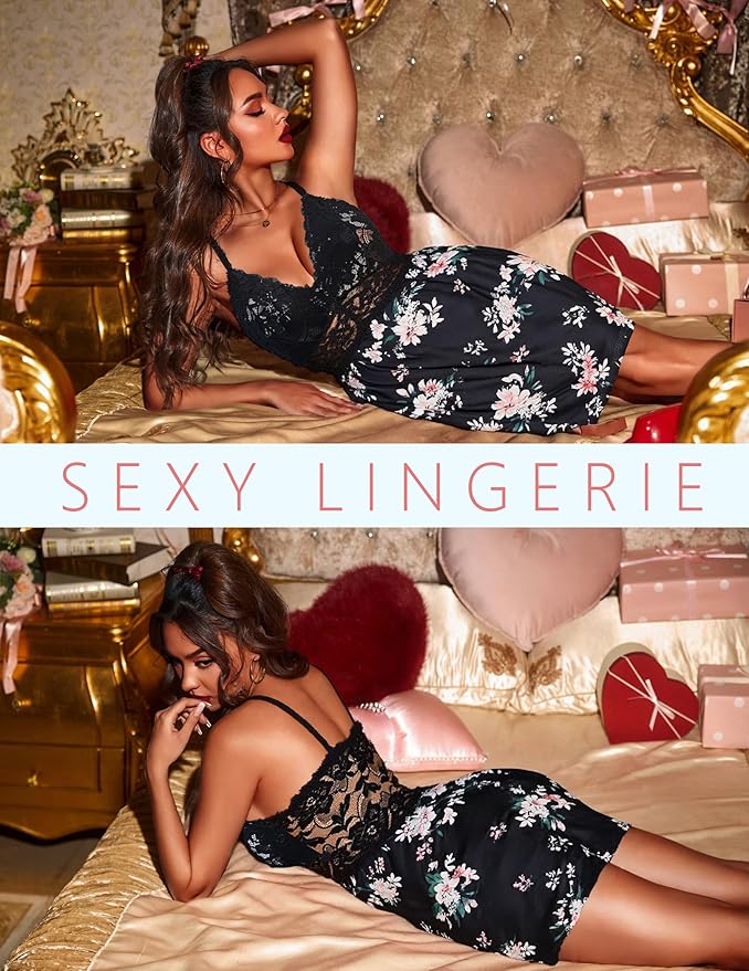 Ekouaer Lingerie for Women Sexy Nightgown Lace Trim Sleep Dress Chemise Nightgowns Sleeveless Night Gown Sleepwear S-3XL