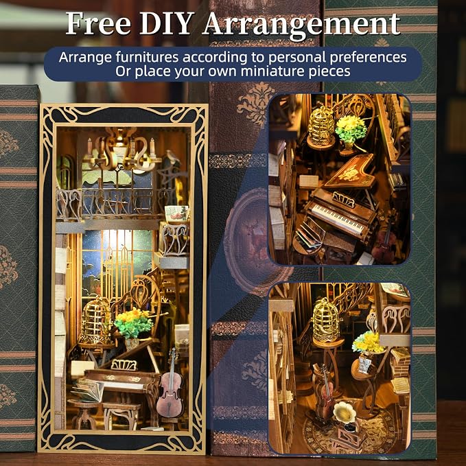 CCCDF Book Nook Kit, DIY Miniature Dollhouse Booknook Kit, 3D Wooden Puzzle Bookend Bookshelf Insert Decor with LED Light for Teens and Adults (Pianist with Nightingale)