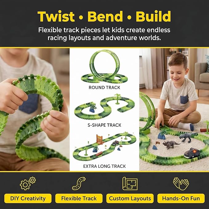 Dinosaur Race Track Toys for Boys 3-5, Double Loop Dinosaur Car Track Set, Flexible Adventure Race Track Playset for Boys Age 4-7 Birthday Gifts