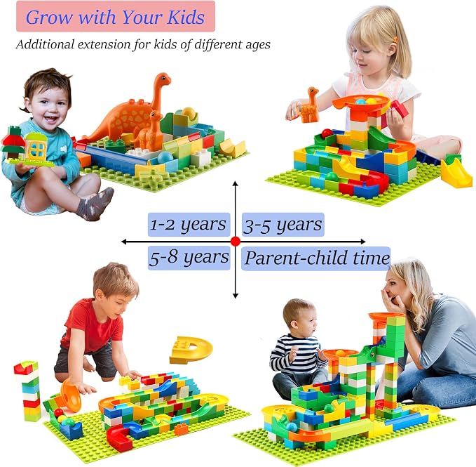Klobroz Marble Run Building Blocks, 145 PCS Classic Big Blocks STEM Toy Bricks Set Kids Race Track Compatible with All Major Brands Bulk Bricks Set for Boys Girls Toddler Age 3,4,5,6,7,8+