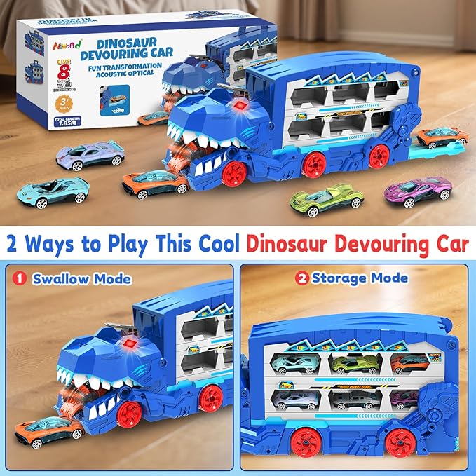Dinosaur Transport Car Race Track Toy Set for Kids - Monster Carrier Truck Toys for Age 3 4 5 6 7 8 9 10 11 12 Years Old Boy Christmas Birthday Gifts with Die-Cast Metal Toy Cars, Light & Sound