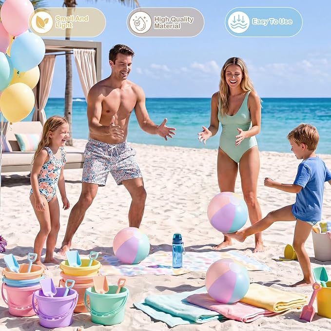 Lunmon 18 Pcs Beach Toys for Kids 6 Set Sand Buckets Shovels Bulk Pastel Beach Balls Inflatable Sand Toys for Girls Boys Toddlers Games Birthday Summer Pool Party Favor (Macaron, Cute)