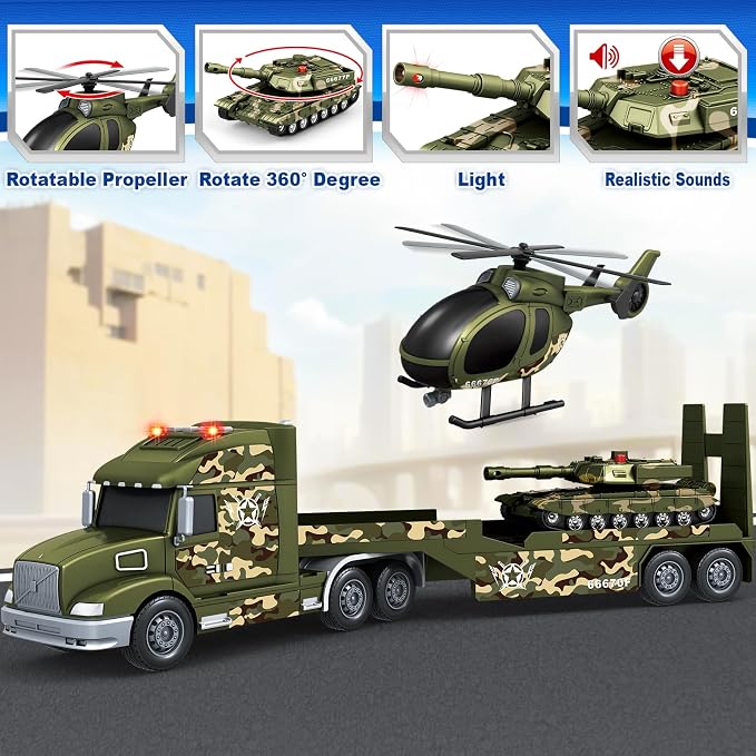 Bstoyder Toddler Boy Toys for 3 4 5 6 7 Years Kids, 27" Semi Army Truck Toy with Helicopters and Tank, Friction Powered Military Toys with Lights and Sounds, Birthday for Boy Girls