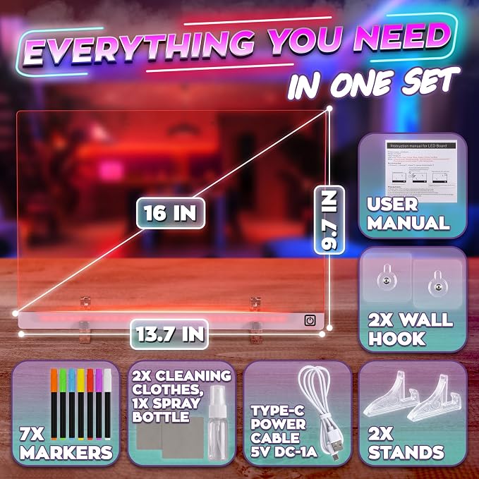 LED Drawing Board with USB-C Power – 16 Inch Acrylic Light Board for Tracing with Edge-Lit Color-Changing Glow, 7 LED Colors, 6 Light Modes – Plug-and-Play Kit with Markers, Stands, Gift Box (Pink)