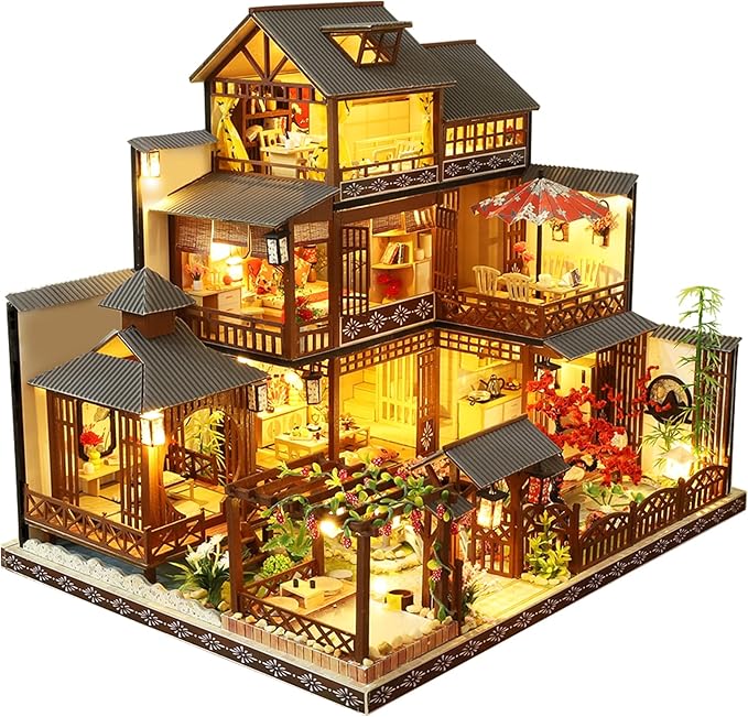Spilay DIY Dollhouse Miniature with Wooden Furniture,DIY Dollhouse Kit Big Japanese Courtyard Model with LED & Music Box,1:24 Scale Creative Room Gift Idea for Adult Friend Lover (Yaquan Courtyard)