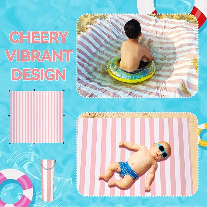 6.5 x 6.5 Feet Baby Beach Pool, 2-in-1 Toddler Paddling Pool with Waterproof Carrying Bag Beach Pool for Toddler for Pink Stripe Design Beach Blanket