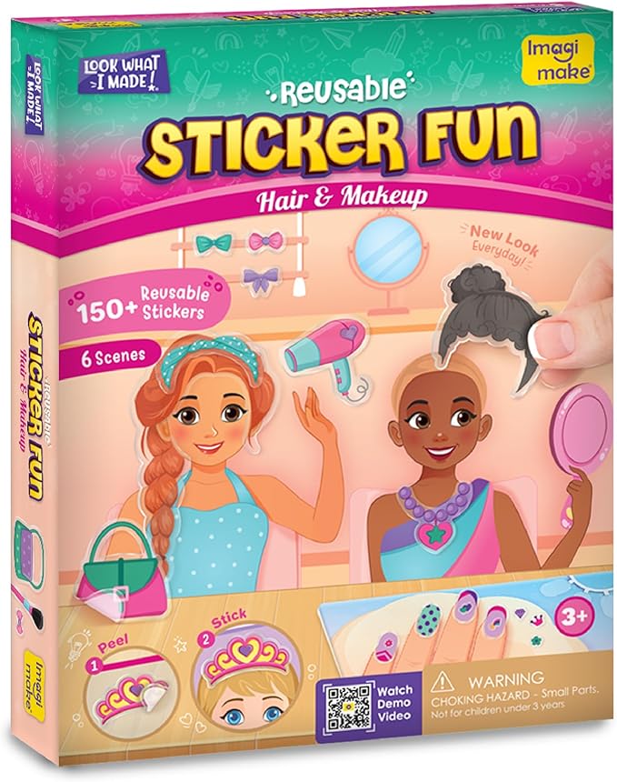 Imagimake Reusable Sticker Fun – Hair & Makeup Kit |Reusable Glam Stickers for Kids | 6 Styling Scene Boards | Pretend Play | Kids Games 3-5 | Toddler Girl Toys | 3,4,5,6,7 Year Old Girl Birthday Gift