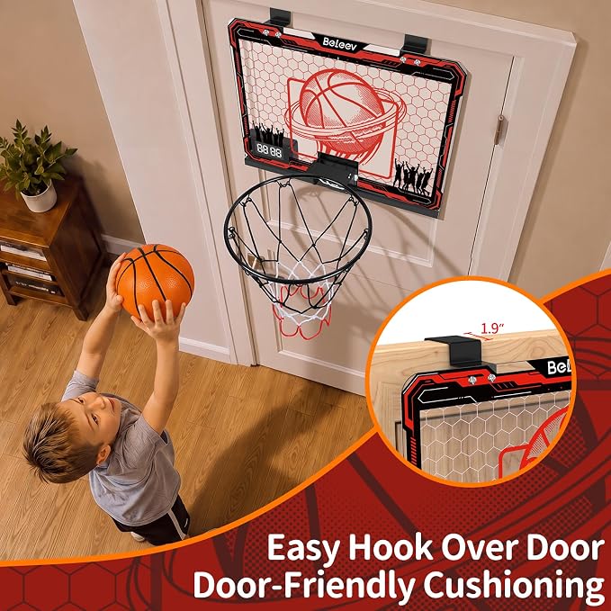 BELEEV Indoor Mini Basketball Hoop with LED Lights, Electronic Scoreboard & Sounds, Over The Door Basketball Hoop for Kids, Ball & Pump Included, Indoor Sports Toy Gift for Boys Girls Ages 4-12 (Red)