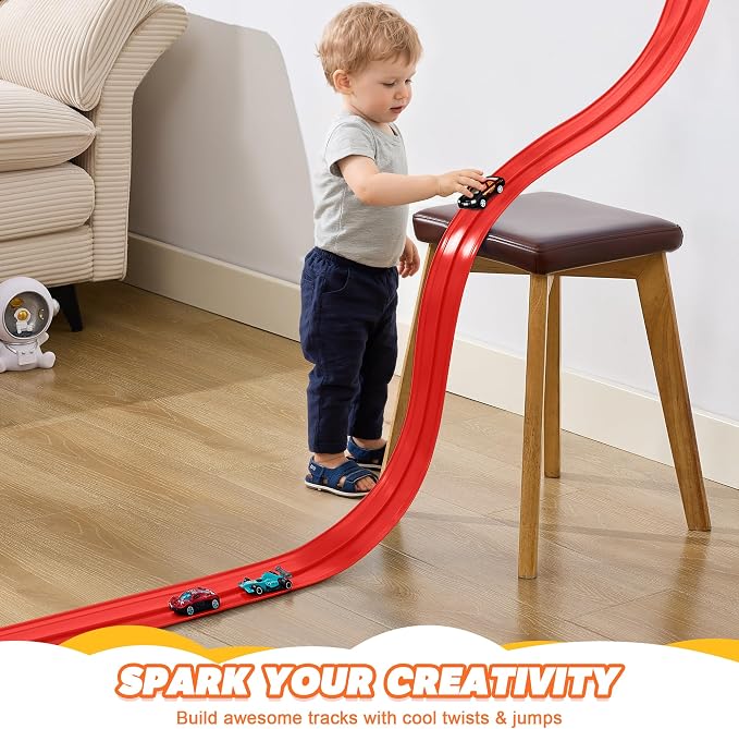 Flexible Race Track for Kids - 15 Ft Flex Track Race Car Tracks with Car Ramp Toy, Fit for Monster Truck Track & Kids' Play Cars, Race Tracks for Toddlers 1-3, Portable Racetrack (Red)