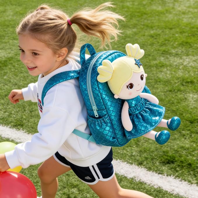 Lazada Toddler Backpack - Baby Girl Gifts Plush Doll Dress Backpack - Fashion Girls Tina Fish Scale Series - Blue 11Inches