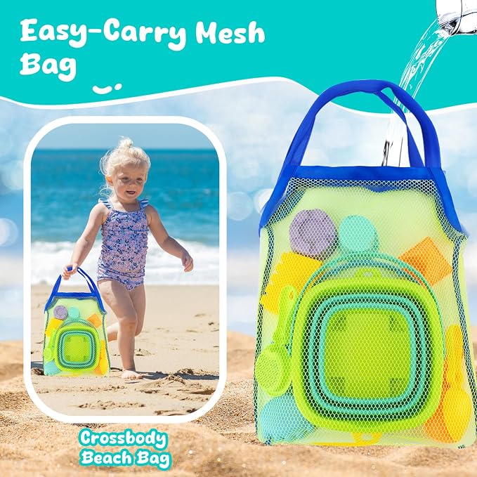 AuntyFey Collapsible Beach Toys for Kids Ages 4-8, Sand Toys for Toddlers Ages 3-4-8, Beach Toy Set with Collapsible Beach Buckets, Sandbox Toy for Kids with Castle Sand Mold and Large Shovels