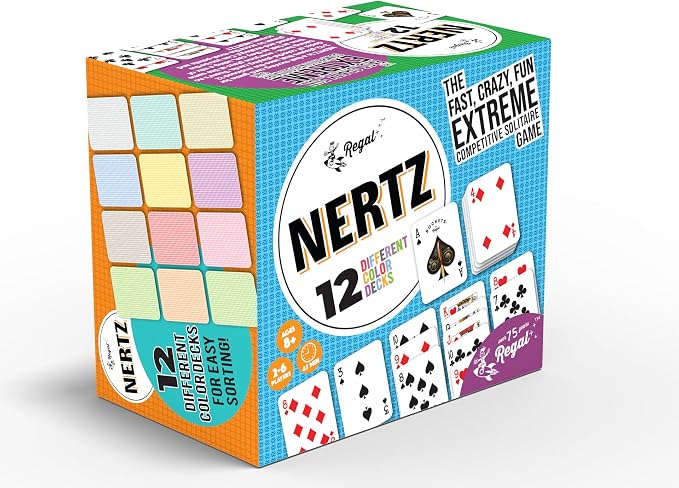 Regal Games Nertz & Solitaire Playing Cards, 12 Multi-Colored Poker Decks 2.5" x 3.5", 310 GSM Linen Finish, Durable Casino Quality for Poker, Blackjack, Rummy & Family Game Night for Kids & Adults