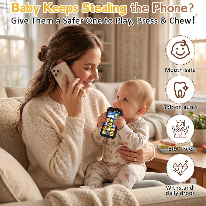 Baby Teething Toys Silicone Baby Phone Teether Over 3 Months - Sensory Chew Toys Baby Teether for Teething Relief - BPA Free Infant Toys Baby Shower Gifts (1, Black)