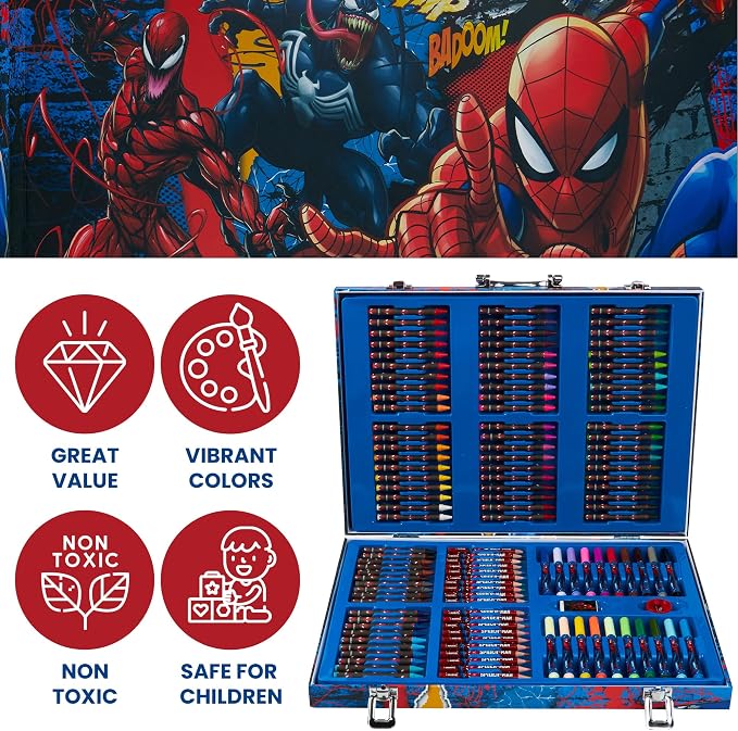 Marvel Art Case for Boys with Colored Pencils Washable Markers Crayons Stickers Drawing Supplies Travel Paint Kit Gifts for Kids (Spiderman Art Case)