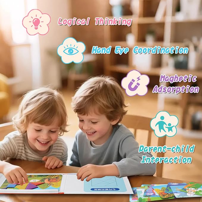 Magnetic Tangram for Kids Ages 4-8 with 30 Theme Pages & 368 Solutions Patterns Booklet & Metal Board, Magnetic Tangrams Puzzle for Kid, Magnet Tangrams Puzzle, Tangram for Kids Ages 4-8