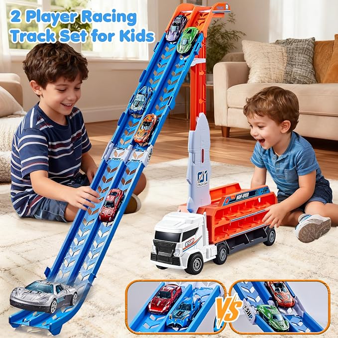 Race Track Truck Toys for 3 4 5 6 Years Old Kids - Carrier Truck Transport Car with 6 Die-Cast Cars Toys, 4-In-1 Truck with 2 Foldable Race Tracks, Christmas Birthday Gifts Toy for Toddler Boys, White