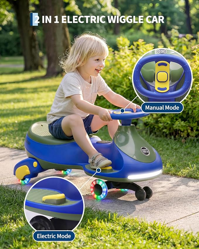 Garvee 12V Electric Wiggle Car for Kids, 2 in 1 Swing Car with Pedal, Anti-Rollover, Max Load 130Lbs,Flashing Wheels, Music,Rechargeable Battery Ride on Toy Indoor Outdoor for Toddlers, Blue