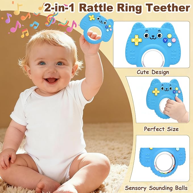 2Pack Teething Toys for Baby 3-6 Months, Teethers for Babies 6-12 Months, Remote Rattle Ring Teether for Baby, Sensory Toys for Babies, Baby Chew Toy