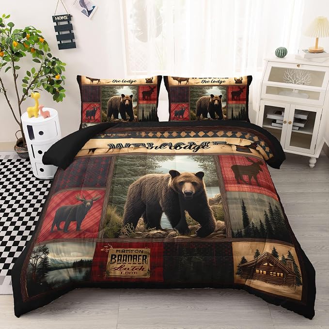 AILONEN Rustic Bear Comforter Set Queen Size,Cabin Plaid Bear & Deer Hunting Bedding Set 3 Pieces,Wildlife Woodland Themed Duvet with 2 Pillowcases