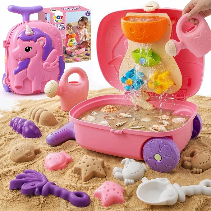 TOY Life Unicorn Suitcase Travel Sand Toy for Kids Beach Toy with Luggage with Wheels, Water Gear STEM Play Water Table, Shovels, Can, Sand Molds, Sandbox Beach Summer Toys for Toddlers Ages 3-8