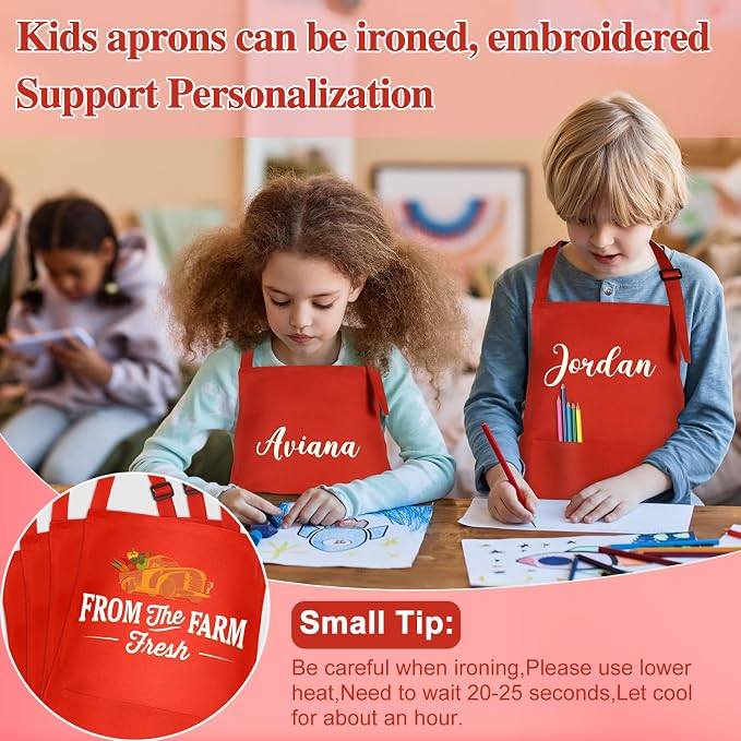 12 Pack Kids Apron bulk with 2 Pockets Adjustable Chef Art Apron Kids Painting Aprons for Cooking Baking Painting Crafting Grilling Activity（Red）