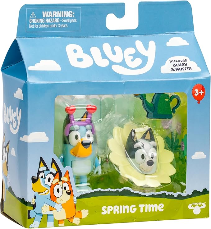 Bluey and Muffin 2-Pack Toy Figure Playset, Spring Time Toddler Figurine Toys Set with Dressup Accessories, Poseable Bluey Figurines for Kids Ages 3-5