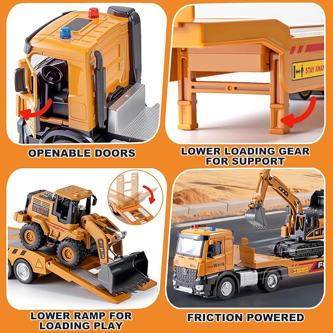 Kids Construction Toy Set Metal Cab, Semi Truck, Excavator, Bulldozer, Die-cast Engineering Construction Vehicles Truck Toys with Lights & Sounds, Ideal Gift for 3 4 5 6 7 Years Old Boys Toddlers