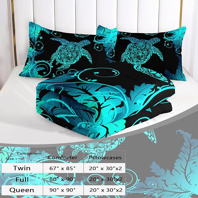 AILONEN Sea Turtle Comforter Set King Size, Black Blue Turtle Bedding with 2 Pillowcases, 3 Piece Soft Microfiber All Season, Ocean Beach Room Decor