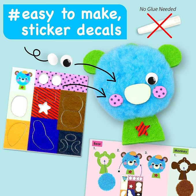 EZCRA Big Pom Pom Animal Craft Kit for Kids Ages 4-8 - DIY Pom Pom Crafts for Girls Boys Toddlers - Make 10 Plush Animals - Mess Free Arts and Crafts Kit