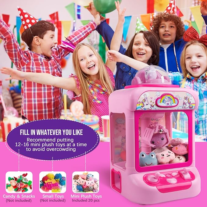 TingingYuli Mini Claw Machine for Kids - Unicorn Candy Grabber Vending Machine Toy with 20 Plush Prizes, Arcade Prize Dispenser Game, Girl Toys Age 3-8, Christmas Birthday Easter Gift