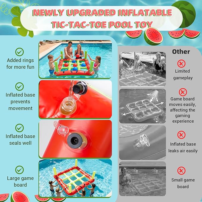 Pool Toys Games Set, 2 in 1 Giant Inflatable Pool Tic Tac Toe Game & Ring Toss with Combined Inflation & Water Filling Valve for Adults Kids Family, Shallow Water Beach Yard Activities