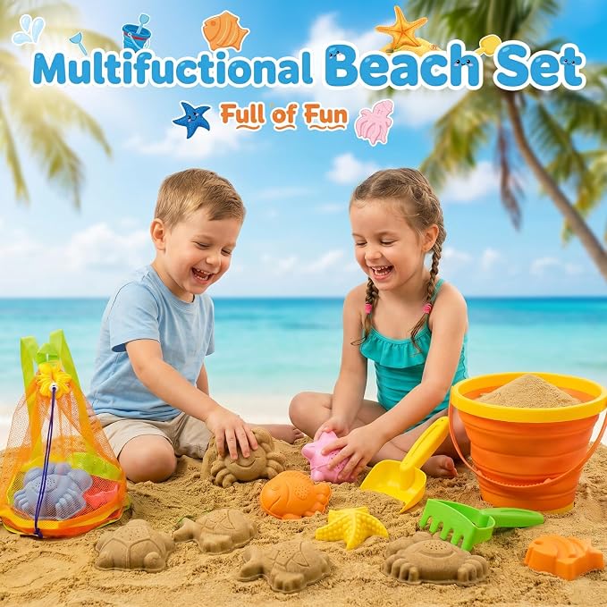 Beach Sand Toys Set for Toddlers, Portable Travel Beach Toys with Collapsible Bucket, Shovel, Rake, Molds & Mesh Storage Bag for Kids, Summer Gift (Tangerine)