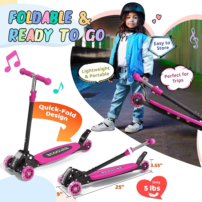3 Wheel Kids Kick Scooter for Ages 3-12, Lean-to-Steer, Light-Up Wheels, 3-Level Adjustable Handlebar 27.5”-33”, Wide Non-Slip Deck, Dual Rear Brake,Travel Foldable, for Boys & Girls Toy Gifts